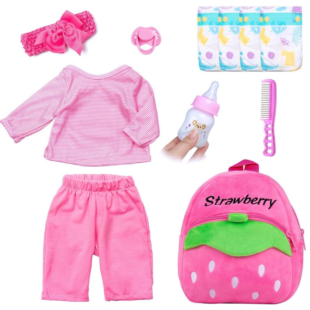 11 Pcs Reborn Baby Doll Clothes Girl Outfit Set for 17-20 Inch Reborn Doll Accessories with Pink Backpack Newborn Baby Clothes Set Gift