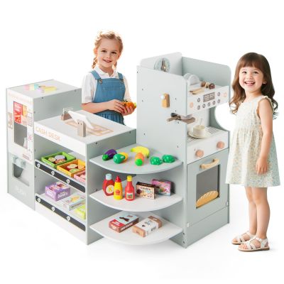 GLACER Grocery Store Pretend Play, Wooden Supermarket Playset with Vending Machine, Checkout Counter, Coffee Maker, Oven, Display Shelves & Play Food Accessories, Kids Play Store for Boys Girls