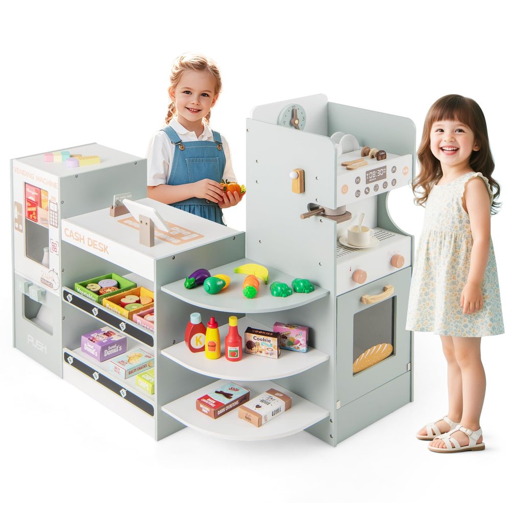GLACER Grocery Store Pretend Play, Wooden Supermarket Playset with Vending Machine, Checkout Counter, Coffee Maker, Oven, Display Shelves & Play Food Accessories, Kids Play Store for Boys Girls