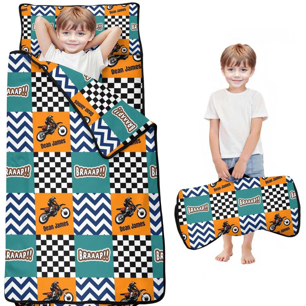 Personalized Motocross Toddler Nap Mat for Boys Custom Name Sleeping Bag with Pillow & Blanket Soft & Portable for Daycare, Preschool & Kindergarten