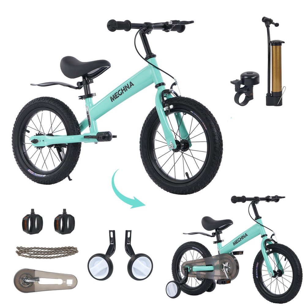 WEEROCK 2 in 1 Kid Bike and Balance Bike, 14 Inch Kids Bicycle and Balance Bikes for 2+ Years Boys Girls, Steel Frame, Front Calip Brake and Rear Coaster Brake for Children, Light Blue
