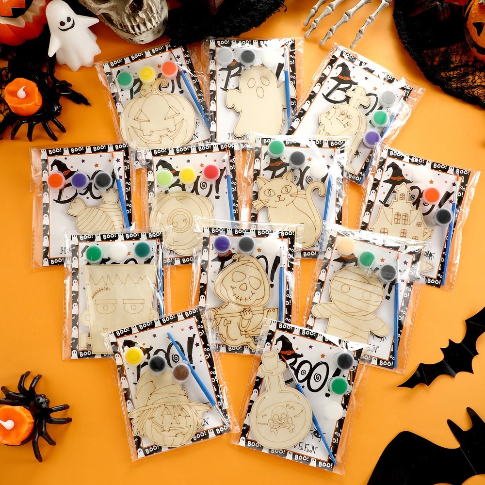 GlikCeil 12 Set Halloween Crafts for Kids DIY Wooden Slices Cutouts Painting Kits Halloween Party Favors Gifts Ghost Pumpkin Witch Black Cat Treat Goodie Bag Stuffers