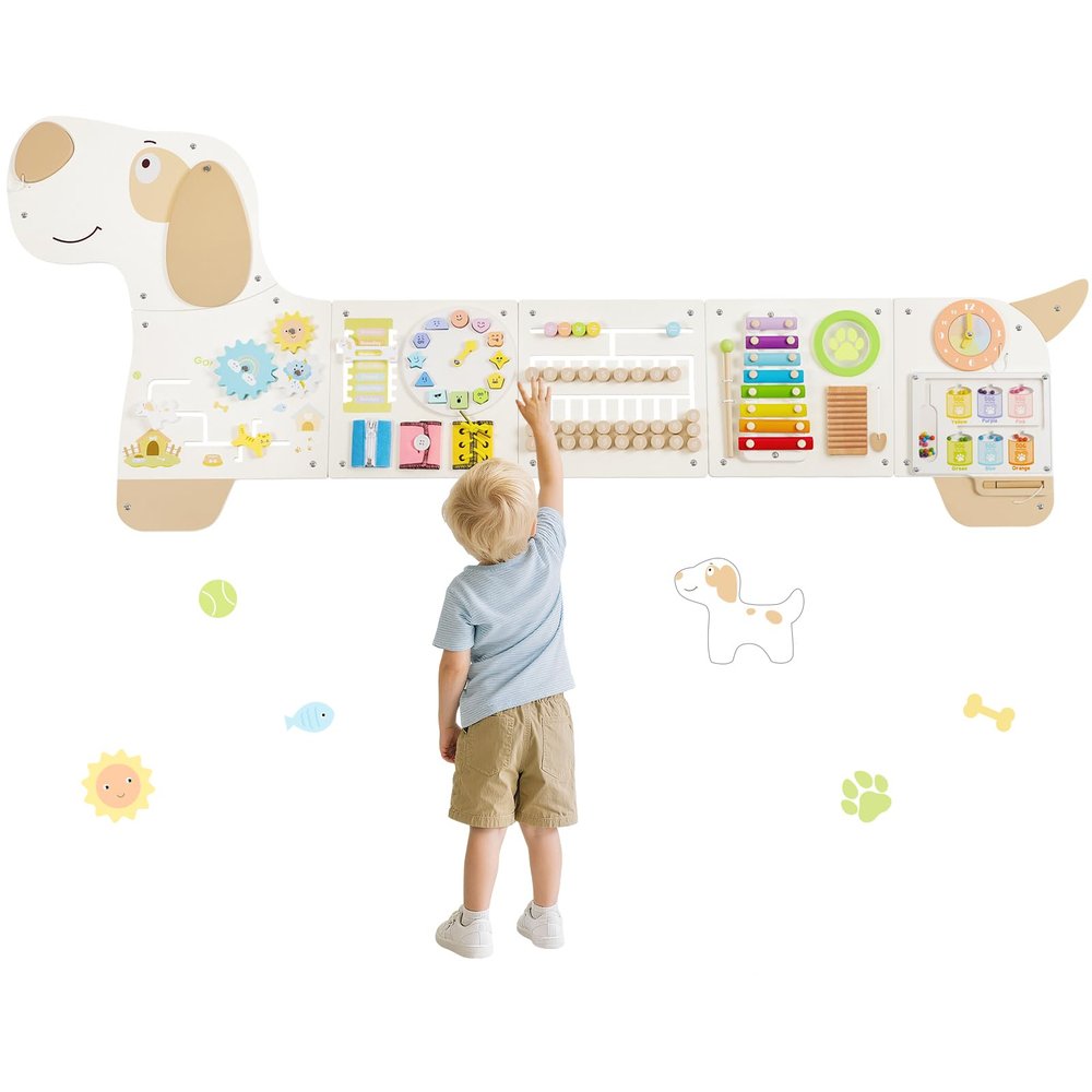 PIIKAGO Wooden Dog Wall Busy Board Panels, Sensory Wall Activity Board for Toddlers 1-3, Montessori Learning Activity Center, Educational Toys for Kids Room, Preschool & Daycare