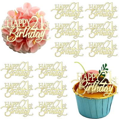 12 Pieces Happy Birthday 21st 30th 40th 50th 60th 70th Gold Mirror Acrylic Cupcake Topper Birthday Cake Decorations Party Supplie (21st)