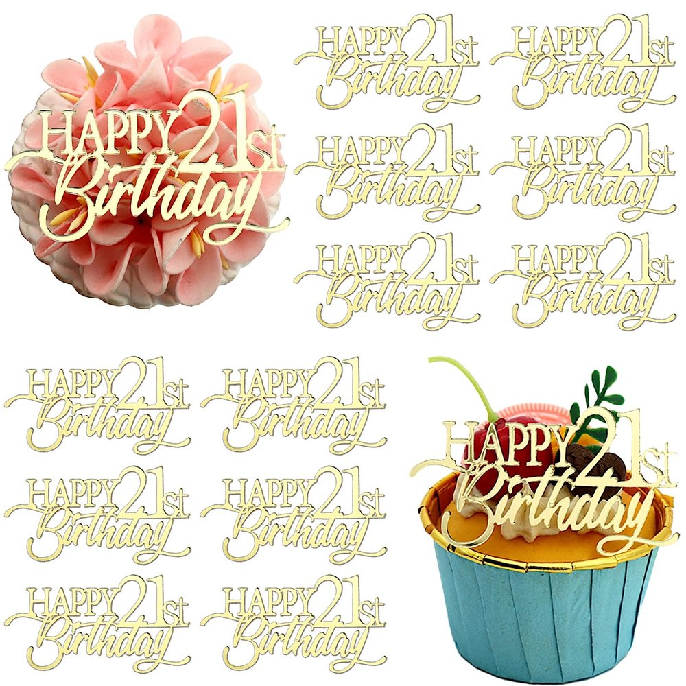 12 Pieces Happy Birthday 21st 30th 40th 50th 60th 70th Gold Mirror Acrylic Cupcake Topper Birthday Cake Decorations Party Supplie (21st)