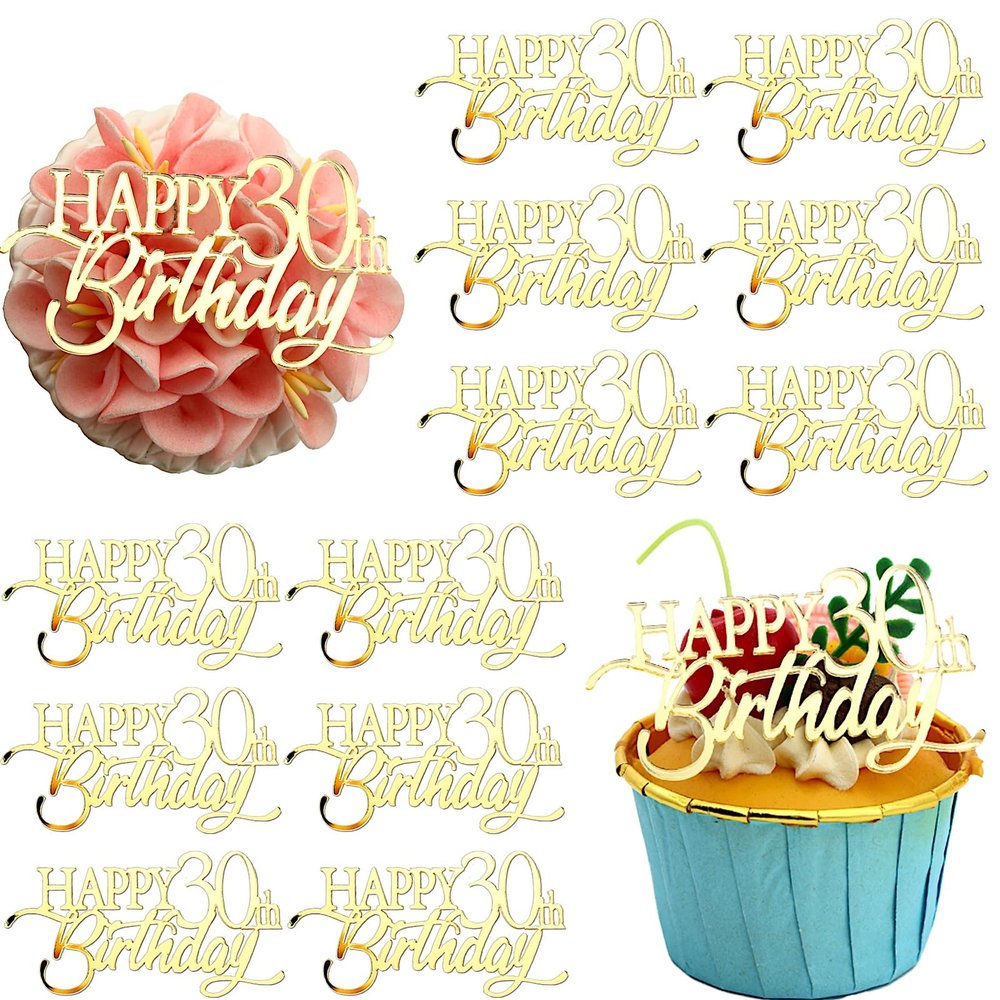 12 Pieces Happy Birthday 21st 30th 40th 50th 60th 70th Gold Mirror Acrylic Cupcake Topper Birthday Cake Decorations Party Supplie (30th)