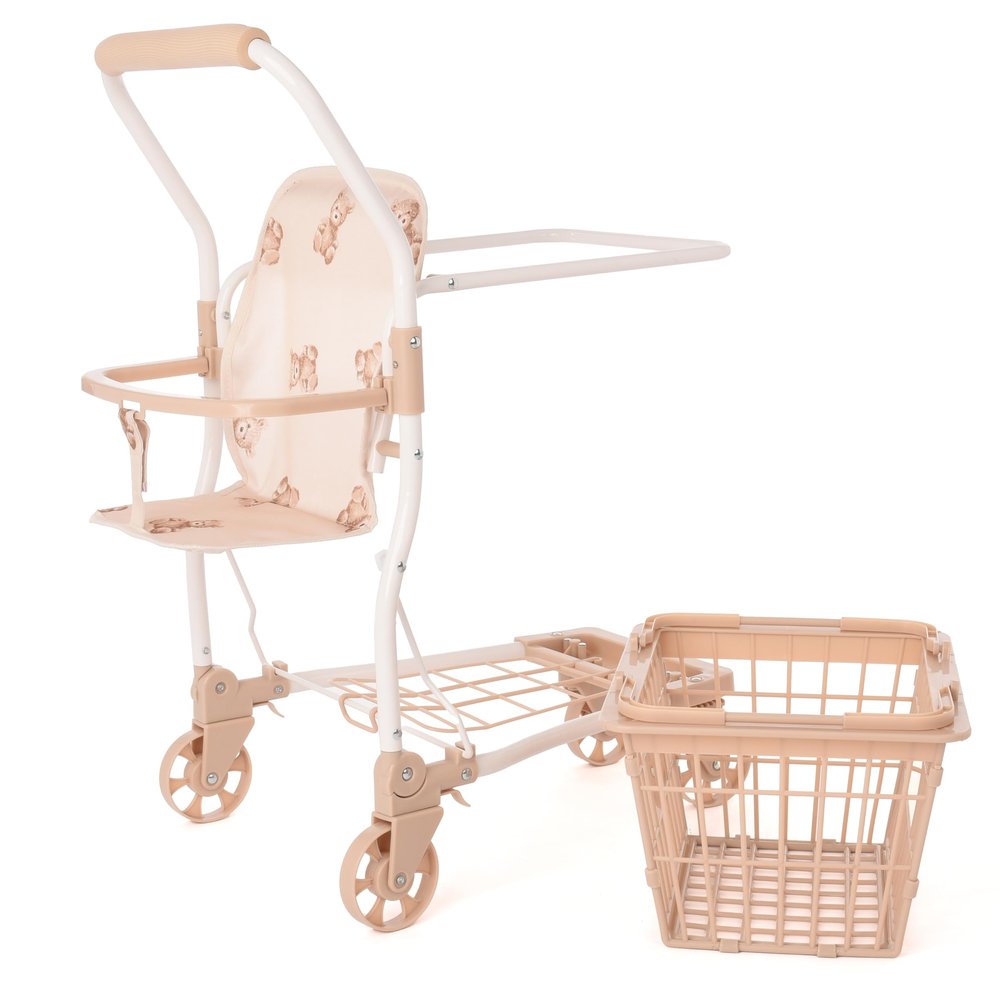 Roma Prams: Teddy Shopping Trolley - Beige & Bear, Push Cart, Removable Grocery Storage Basket, Swivel Wheels, Doll Accessory, Roleplay Toy, Kids 3+
