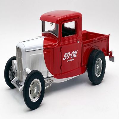 1932 Hot Rod Pickup Truck SO-Cal Speed Shop Graphics - Red and White - Limited Edition to 500 Pieces Worldwide 1/18 Diecast Model Car by Acme A1804107