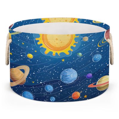 Large Collapsible Blanket Storage Basket for Gifts Empty, Universe Space Solar System Round Fabric Laundry Hamper Basket, Baby Dog Toy Bins with Handle, Closet Organizer for Living Room(C-859)