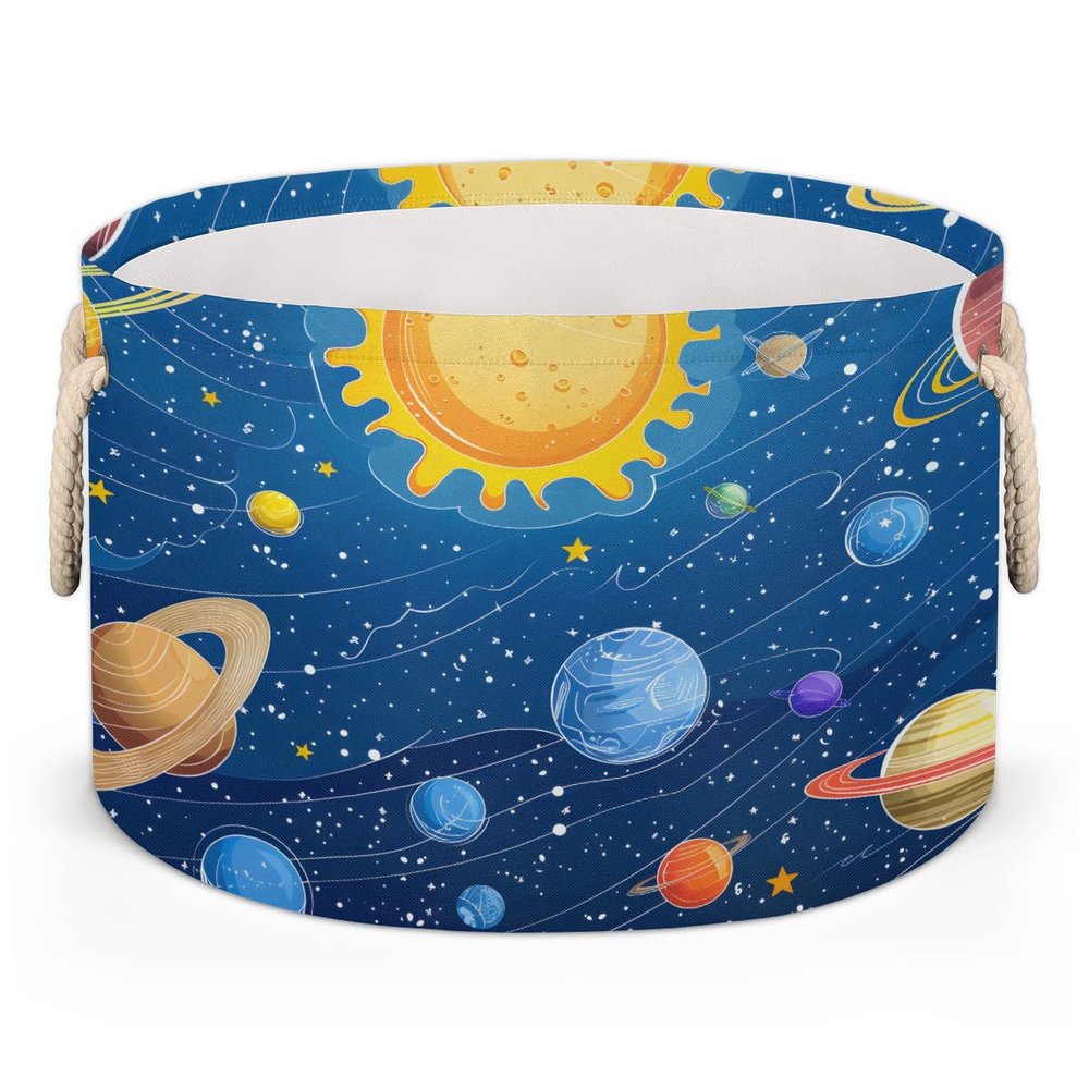 Large Collapsible Blanket Storage Basket for Gifts Empty, Universe Space Solar System Round Fabric Laundry Hamper Basket, Baby Dog Toy Bins with Handle, Closet Organizer for Living Room(C-859)