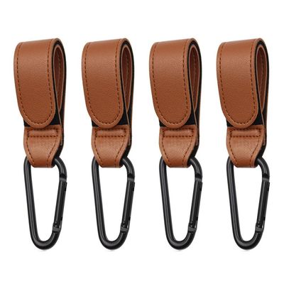 4-Pack of Leather-Style Stroller Accessories, Stroller Hooks for Hanging Diaper Bags,Universal Hooks (Brown)