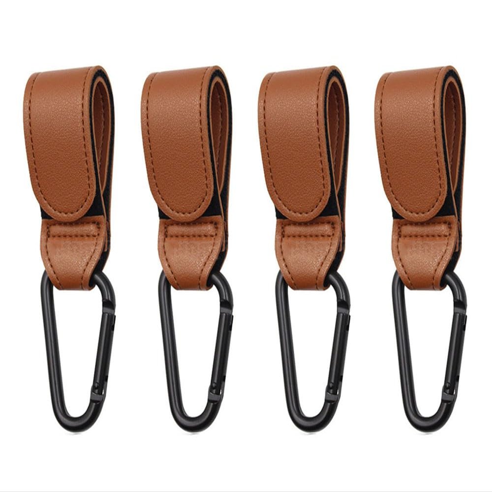 4-Pack of Leather-Style Stroller Accessories, Stroller Hooks for Hanging Diaper Bags,Universal Hooks (Brown)