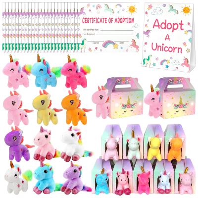 37 Pcs Adopt A Unicorn Party Favors Include 12 Mini Unicorns Stuffed Animals 12 Foldable Paper Boxes 12 Adoption Cards 1 Adoption Signs Mini Stuffed Animals Bulk for Adopt A Unicorn Animal Favors