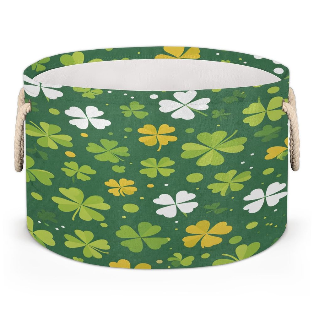 Large Collapsible Blanket Storage Basket for Gifts Empty, St. Patrick's Day Four Leaf Clover Round Fabric Laundry Hamper Basket, Baby Dog Toy Bins with Handle, Closet Organizer for Living Room(C-413)