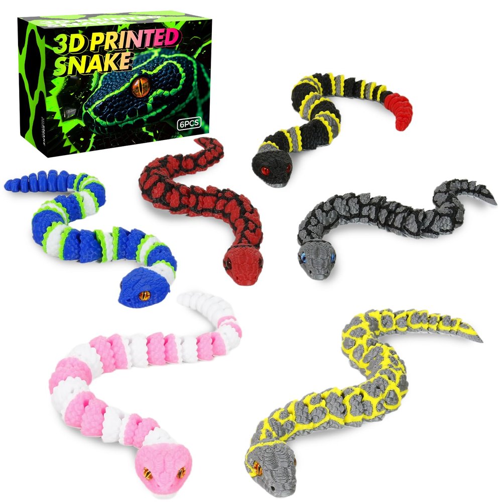 6 Pack 3D Printed Snake Toys , Articulated Multicolor Fidget Snakes Flexible 3D Printed Animals, Collectible Animal Figures, Halloween Home Office Executive Desk Decor, Christmas 3D Print Toy 2025