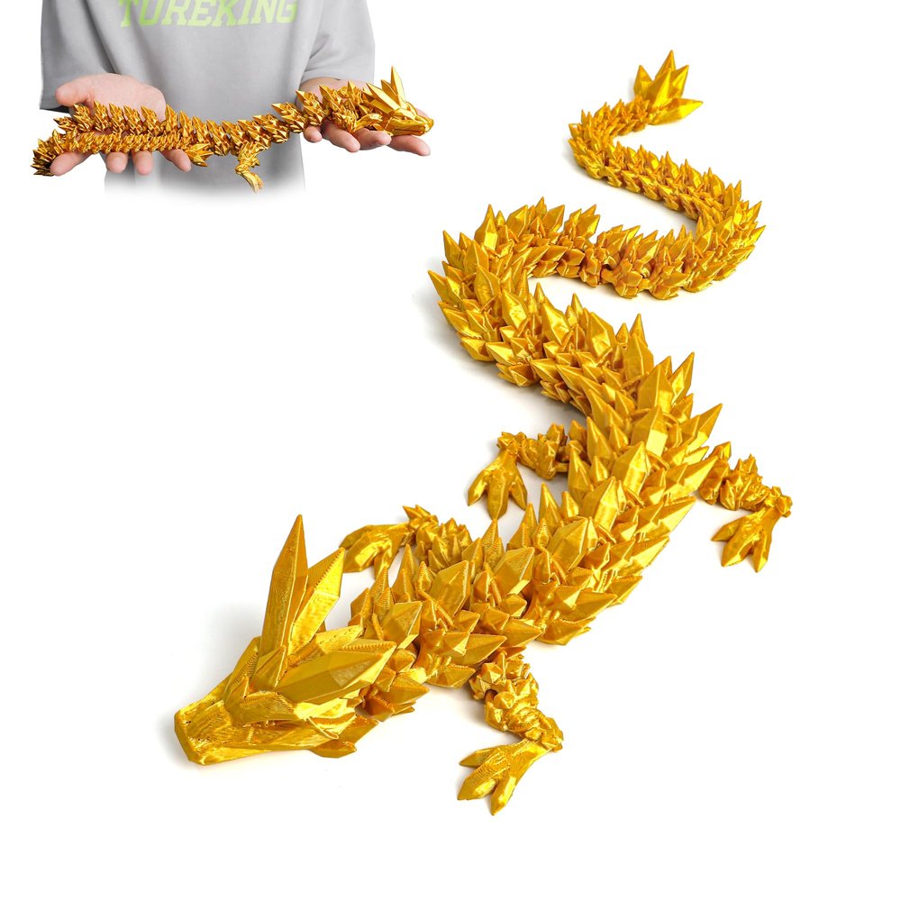Flavery 3D Printed Dragon - 24 inch Large Pearly Sheen Articulated Dragon Fidget Toy, 3D Printed Gift for Birthday, Figurine Decor(Gold)