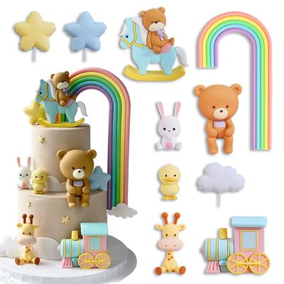 10-Piece Bear Birthday Cake Decoration Set PVC Bear, Giraffe, Bunny, Duck, Rainbow, Train, Cloud, Star & Heart Cake Toppers Cute and Whimsical Cake Decorations for Party, Reusable and Washable