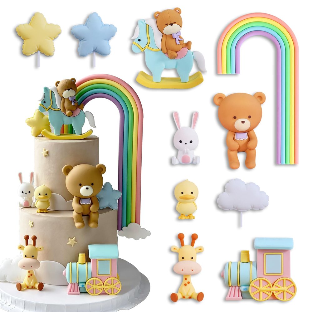 10-Piece Bear Birthday Cake Decoration Set PVC Bear, Giraffe, Bunny, Duck, Rainbow, Train, Cloud, Star & Heart Cake Toppers Cute and Whimsical Cake Decorations for Party, Reusable and Washable