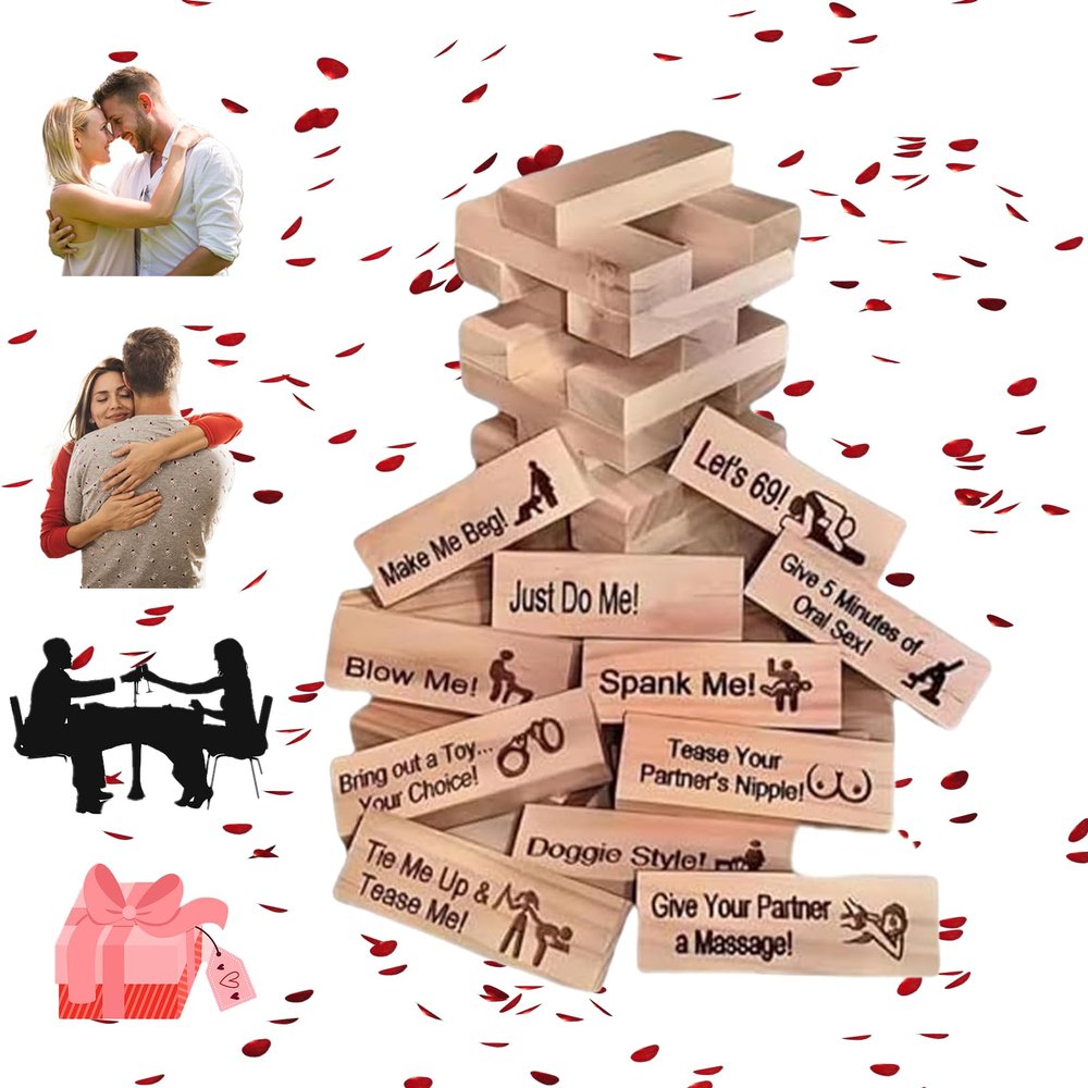 TSHalcyon Adult Tower Stacking Game for Couples - Romantic Wooden Block Party Set with Flirty Dares, Fun Date Night Couples Game, Spicy Relationship Gift for Him & Her