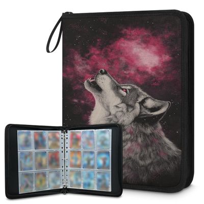 Kuquteed Stars Wolves Trading Card Binder 4 Pocket 400 Cards Holder Collector Album with 50 Removable Sleeves Toys Gifts for Boys Girls Red Space Game Sports Cards