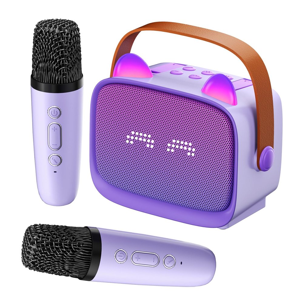 Mini Karaoke Machine for Kids Adults (2025 Upgraded), Portable Bluetooth Speaker with 2 Wireless Mics, Built-in Phone Holder and Emoji Animation, Birthday Gift for Boys Girls 3-12 Home Karaoke Party