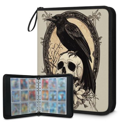 Kuquteed Skull Crow Trading Card Binder 4 Pocket 400 Cards Holder Collector Album with 50 Removable Sleeves Gifts for Boys Girls Skeleton Floral Game Sports Cards