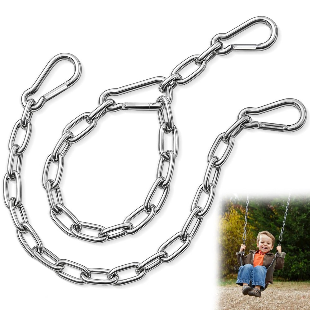 2 Pack 25in Heavy Duty Swing Chains with 4 Carabiners, Stainless Steel Hanging Chains with Hooks for Hammock Chair, Porch Swing, Hanging Basket, Gym, 1200LB Capacity (Sliver)