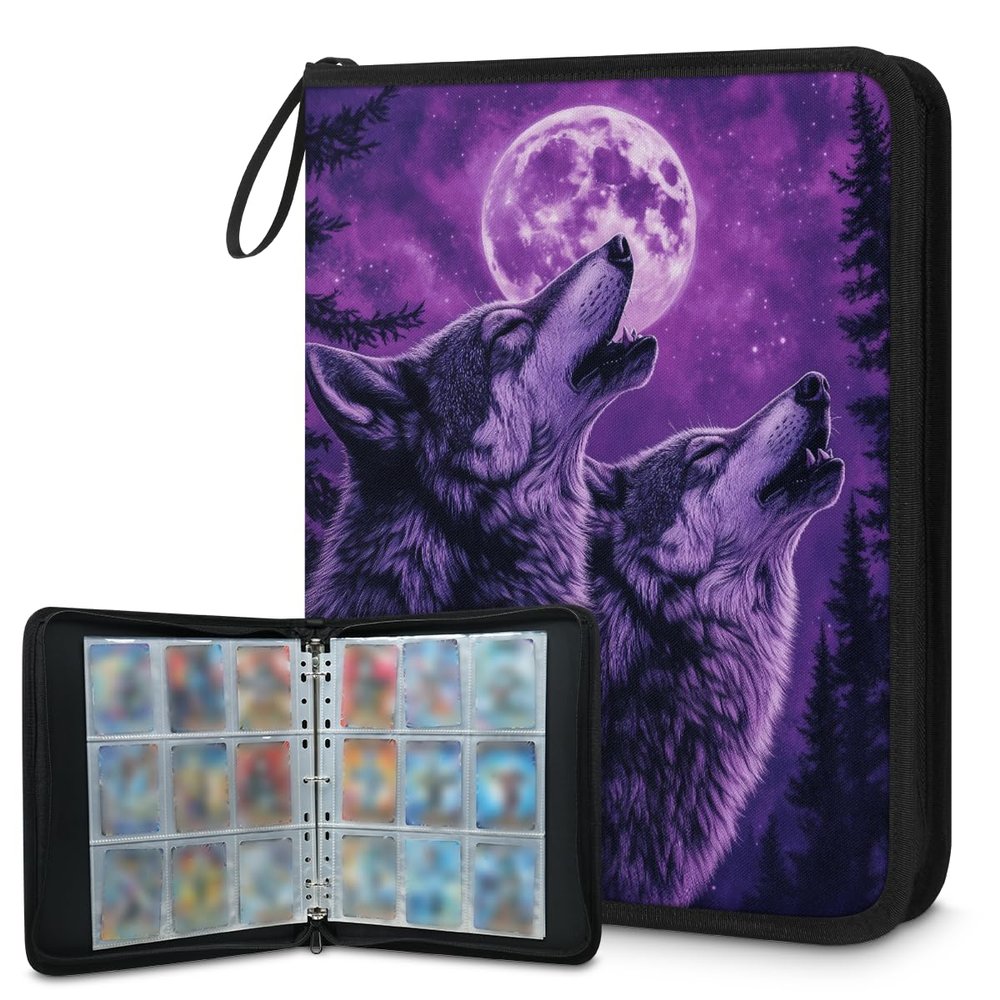 Kuquteed Forest Wolves Trading Card Binder 9 Pocket 900 Cards Holder Collector Album with 50 Removable Sleeves Gifts for Boys Girls Purple Moon Game Sports Cards