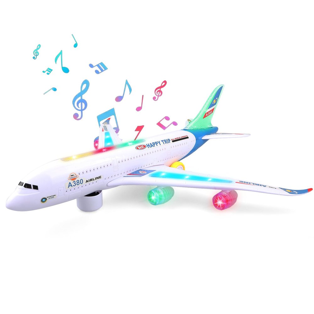 AtomDream Tech Bump and Go Airplane Toy  Realistic Airplane Model with 4D Lights & Sound  Moving Plane Toy for Kids Ages 3-12  Automatic Direction Change on Collision  Great Gift for Kids(Blue)
