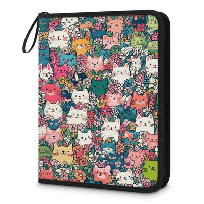 Kuquteed Floral Cats Trading Card Binder 4 Pocket 400 Cards Holder Collector Album with 50 Removable Sleeves Gifts for Boys Girls Colorful Meow Flowers Game Sports Cards