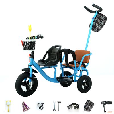 JIYIAN Toddler Tandem Tricycle with Seat Folding Footrest Woven Bicycle Basket Safety Belt + Crotch Protector Unisex Double Seat Bike for Twins,Blue