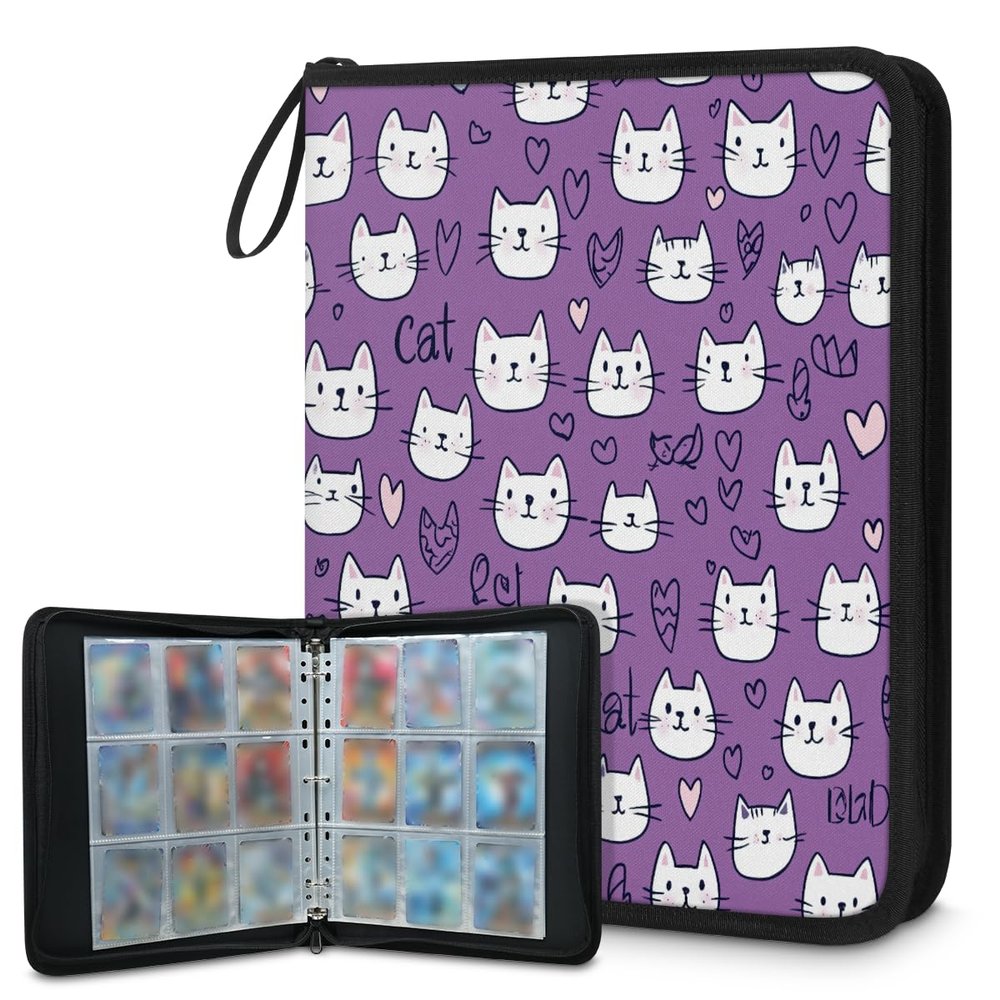 Kuquteed Cute Cats Face Trading Card Binder 4 Pocket 400 Cards Holder Collector Album with 50 Removable Sleeves Gifts for Boys Girls Heart Love Purple Game Sports Cards