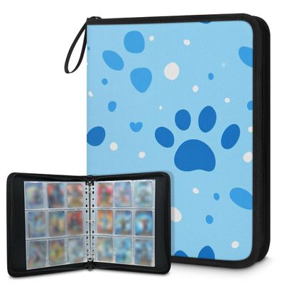 Kuquteed Cat Claws Trading Card Binder 4 Pocket 400 Cards Holder Collector Album with 50 Removable Sleeves Gifts for Boys Girls Blue Kitten Footprint Game Sports Cards