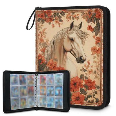 Kuquteed Vintage Horse Trading Card Binder 9 Pocket 900 Cards Holder Collector Album with 50 Removable Sleeves Gifts for Boys Girls Red Poppy Game Sports Cards