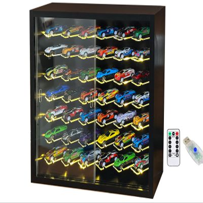 1/64 Cars Display Case with Lighted Wall Mounted Black Display Cabinet with Acrylic Shelves at 45-Degree Angle and Door Storage for 42 Hot Diecast Wheels Toy Cars