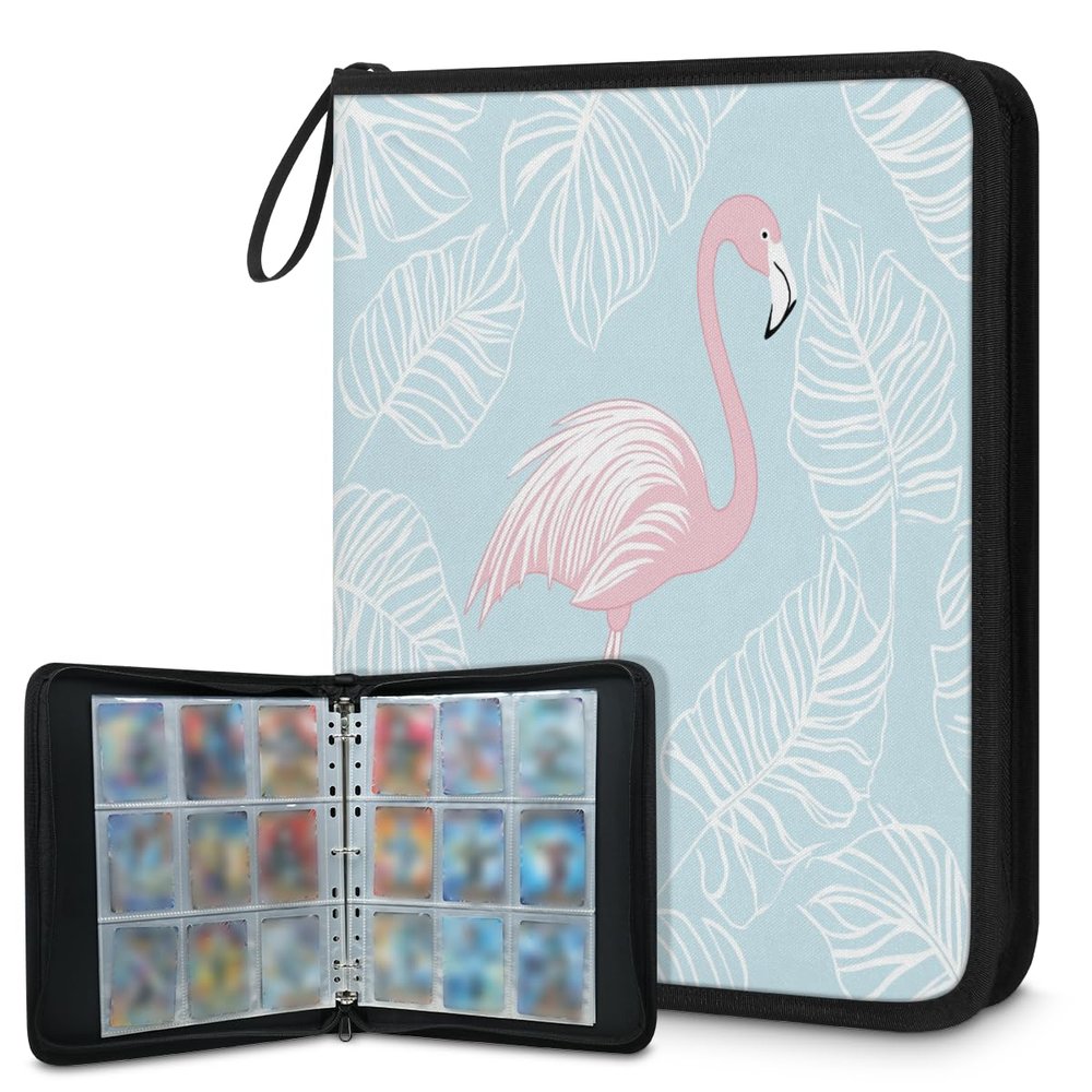 Kuquteed Bird Flamingo Trading Card Binder 4 Pocket 400 Cards Holder Collector Album with 50 Removable Sleeves Toys Gifts for Boys Girls White Leaves Game Sports Cards