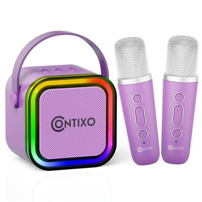 Contixo KS1A Kids Mini Karaoke Machine with LED Lights, 710H Playback, Dual Wireless Mics, Magic Voice Effects, Bluetooth Speaker for Children, Portable Singing Toy Gift for Boys & Girls, Purple