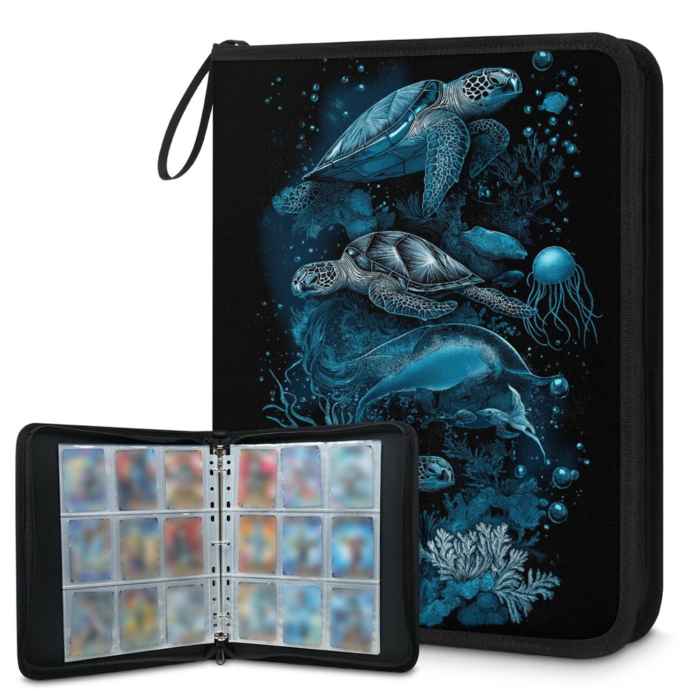 Kuquteed Fish Turtle Trading Card Binder 4 Pocket 400 Cards Holder Collector Album with 50 Removable Sleeves Gifts for Boys Girls Sea Jellyfish Game Sports Cards