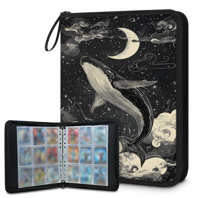Kuquteed Cloud Whale Trading Card Binder 4 Pocket 400 Cards Holder Collector Album with 50 Removable Sleeves Toys Gifts for Boys Girls Night Moon Game Sports Cards