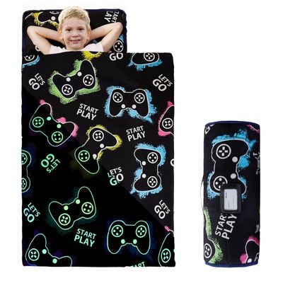 MORAIS Toddler Nap Mat with Removable Pillow and Blanket, Glow in The Dark 52" x 20" Lightweight and Soft Nap Mat for Preschool, Daycare (Game)