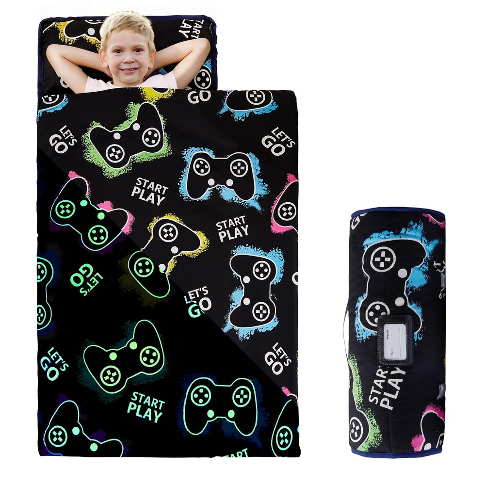 MORAIS Toddler Nap Mat with Removable Pillow and Blanket, Glow in The Dark 52" x 20" Lightweight and Soft Nap Mat for Preschool, Daycare (Game)