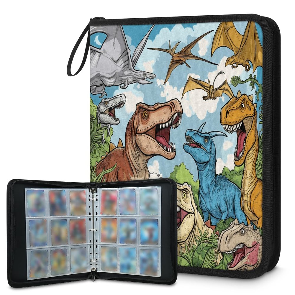 Kuquteed Dinosaur Trading Card Binder 9 Pocket 900 Cards Holder Collector Album with 50 Removable Sleeves Gifts for Boys Girls Pterosaur Tyrannosaurus Rex Game Sports Cards
