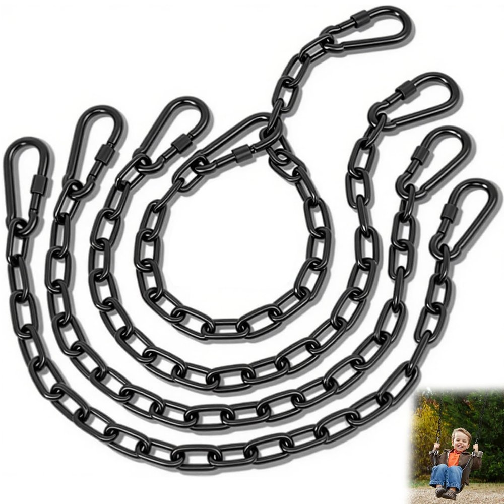 4 Pack 25in Heavy Duty Swing Chains with 8 Carabiners, Black Stainless Steel Hanging Chains with Hooks for Hammock Chair, Porch Swing, Hanging Basket, Gym, 1200LB Capacity