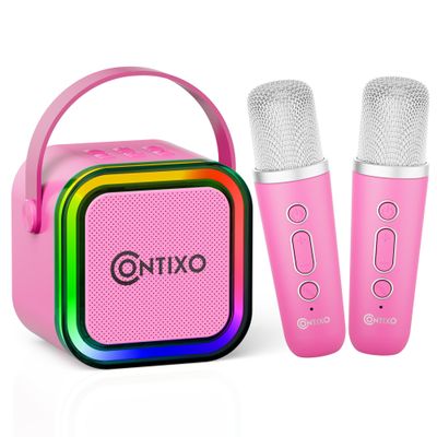 Contixo KS1A Kids Mini Karaoke Machine with LED Lights, 710H Playback, Dual Wireless Mics, Magic Voice Effects, Bluetooth Speaker for Children, Portable Singing Toy Gift for Boys & Girls, Pink