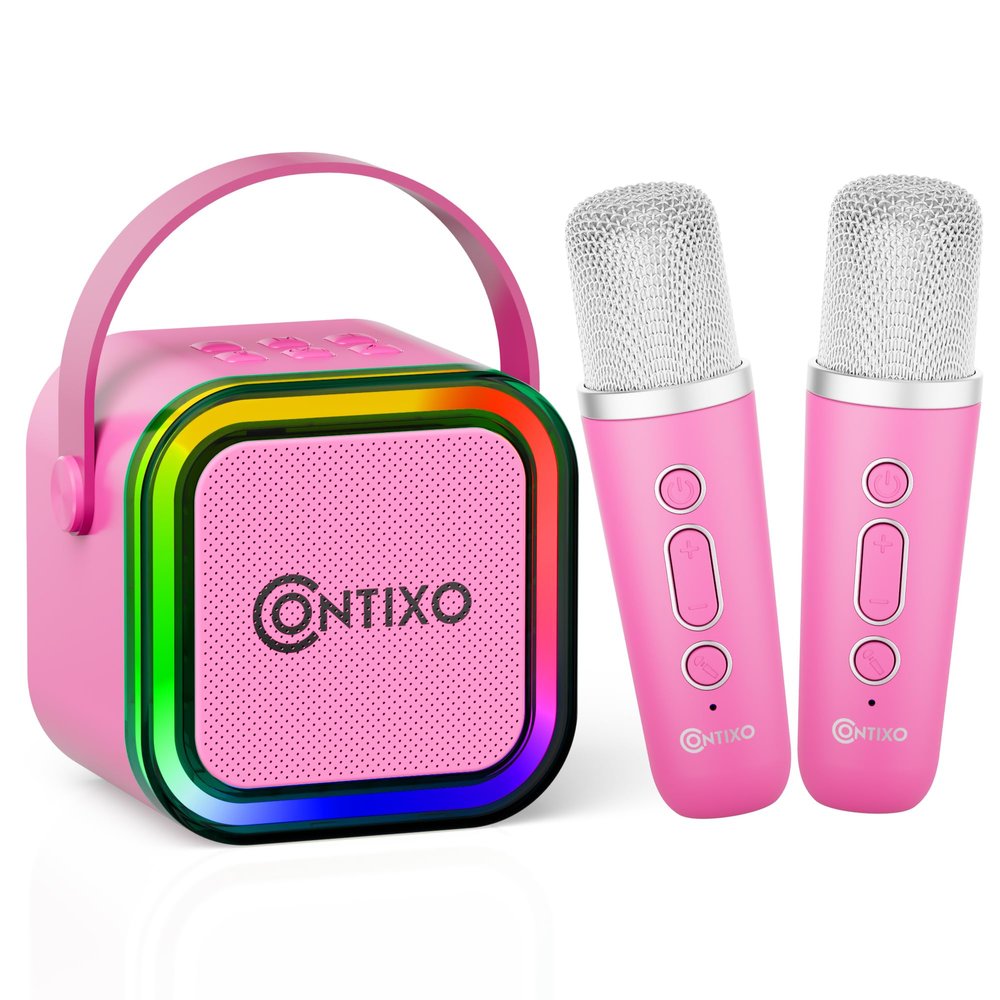 Contixo KS1A Kids Mini Karaoke Machine with LED Lights, 710H Playback, Dual Wireless Mics, Magic Voice Effects, Bluetooth Speaker for Children, Portable Singing Toy Gift for Boys & Girls, Pink