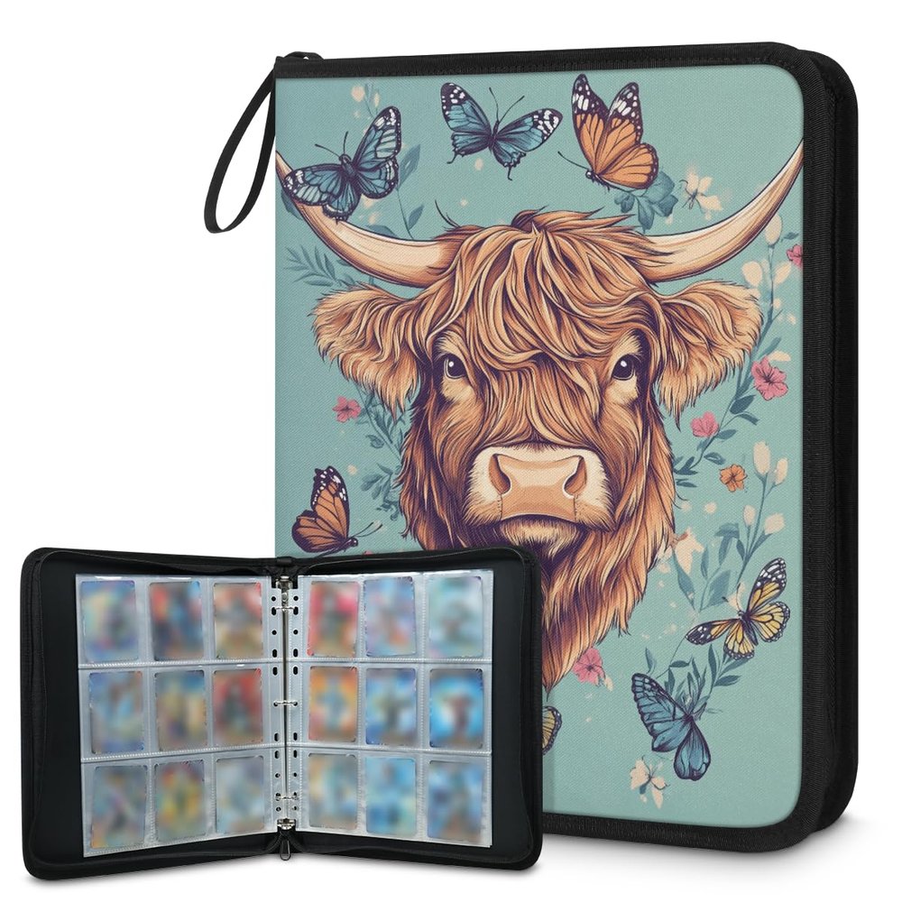 Kuquteed Highland Cattle Trading Card Binder 9 Pocket 900 Cards Holder Collector Album with 50 Removable Sleeves Toys Gifts for Boys Girls Cow Butterfly Flower Game Sports Cards