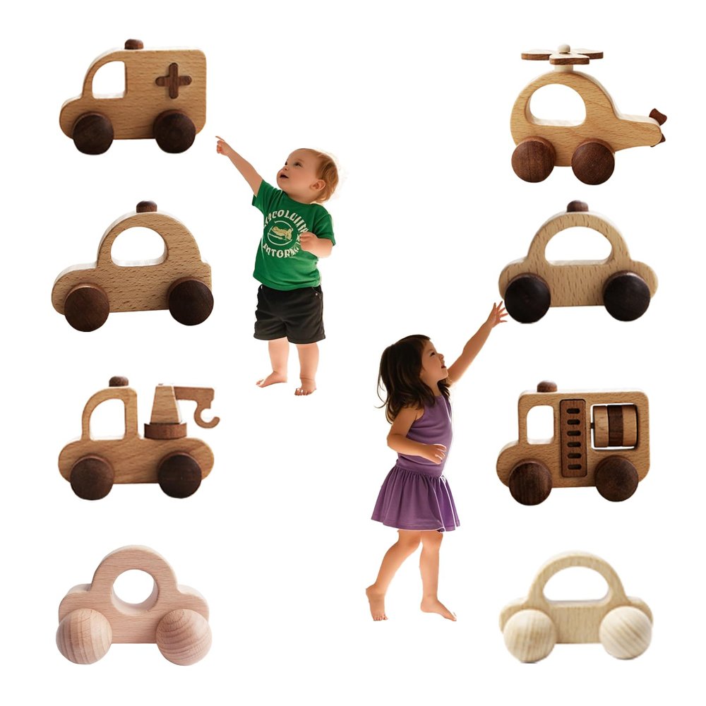 OKULLYSH 8PCS Wooden Toy Cars Set - Montessori Baby Toys for 1-3 Years, Wooden Cars for Toddlers, 1 Year Old Boy Gifts, Eco-Friendly Birthday Gifts for 1 Year Old Boy Girl