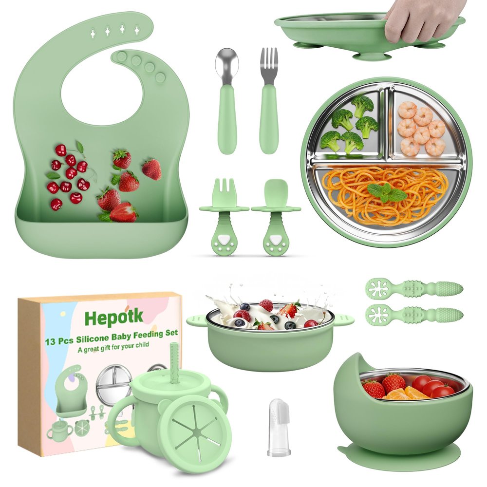 13 Pack Silicone Baby Feeding Set, BPA-Free Stainless Steel Toddler Feeding Supplies, Include Suction Plates, Baby Bowls, Silicone Fork & Spoon, and More, First Stage Baby Dish Set - 6+ Months