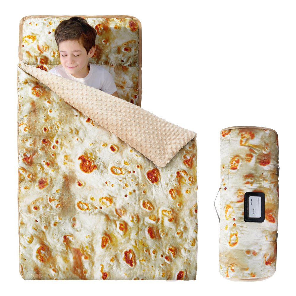 MORAIS Toddler Nap Mat with Removable Pillow and Blanket, 52" x 20" Lightweight and Soft Nap Mat for Preschool, Daycare, Travel Sleeping Mat Slumber Bag (Tortilla