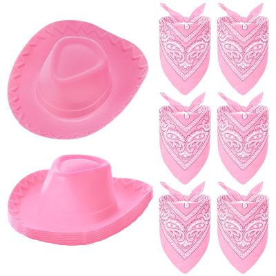 Hillban 12 Pack Cowboy Hat and Bandana, Cowgirl Hats Felt Cowboy Party Hats Bulk Western Bandanas for Party Costume(Pink)